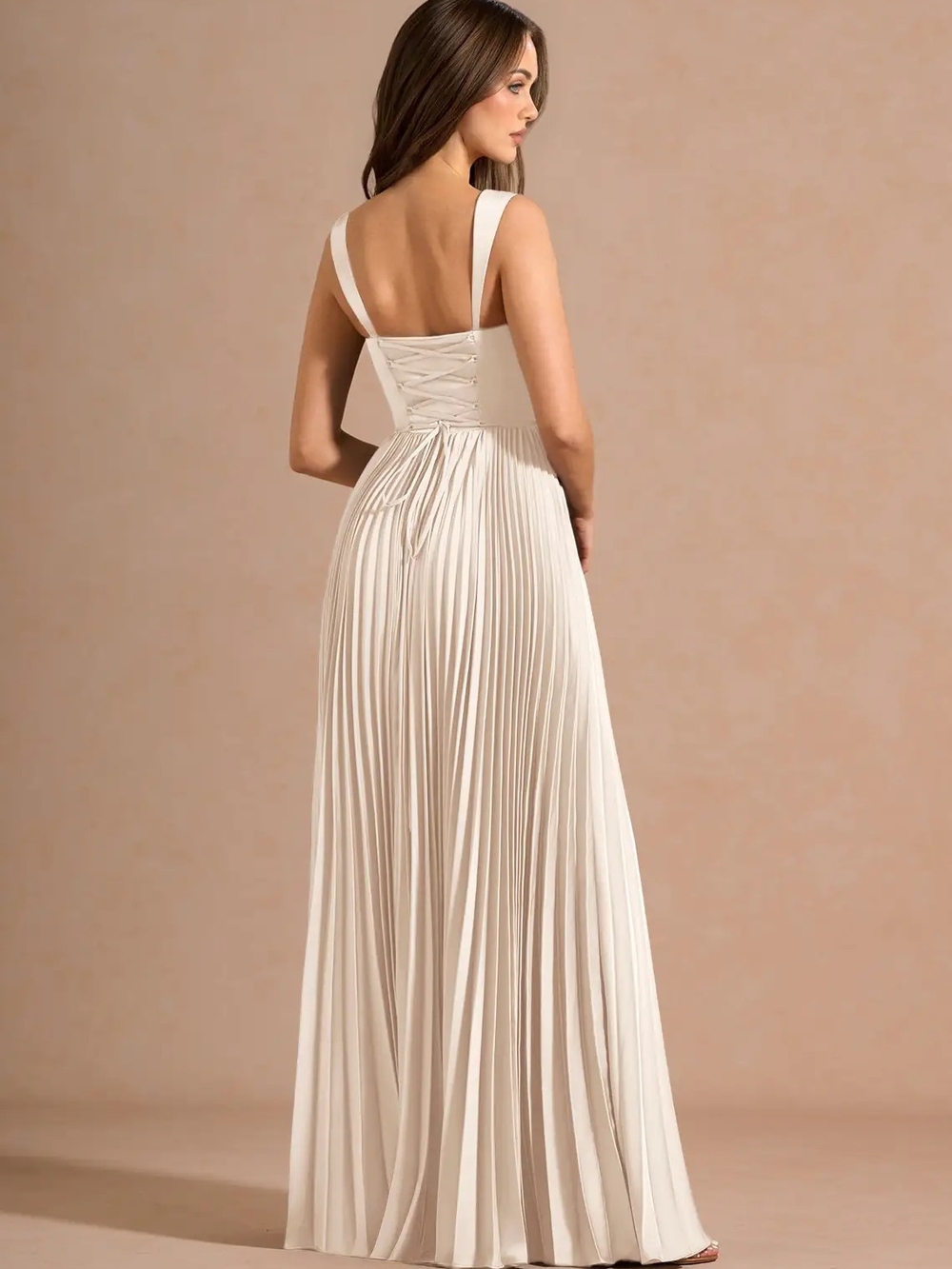Azazie Ivory Pleated Maxi Dress with Corset Bodice - Picture 2 of 3